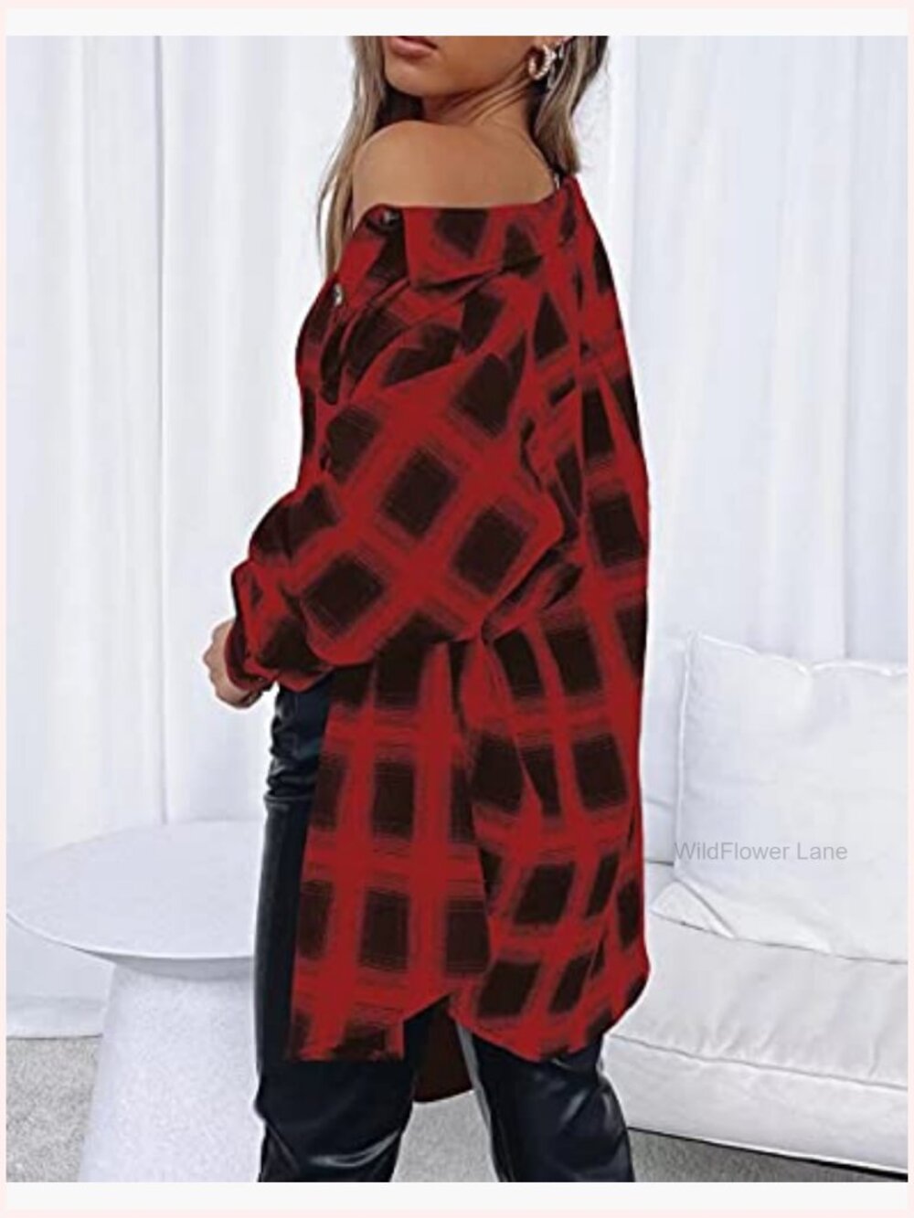 Women's Long Sleeve Button Down Plaid Flannel Shirt Blouse Tunic - Picture 3 of 7